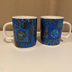 Vintage Set‎ of Two Laurel Burch Collection Mugs Whimsical Horse & Deer Design